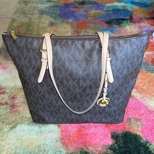 Michael Kors Tote- signature dark brown leather, light straps/ interior.